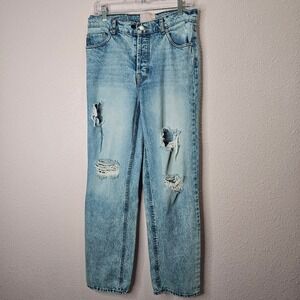 Revice Denim High Waisted Straight Leg Jeans Light Wash Distressed Size 27 *FLAW
